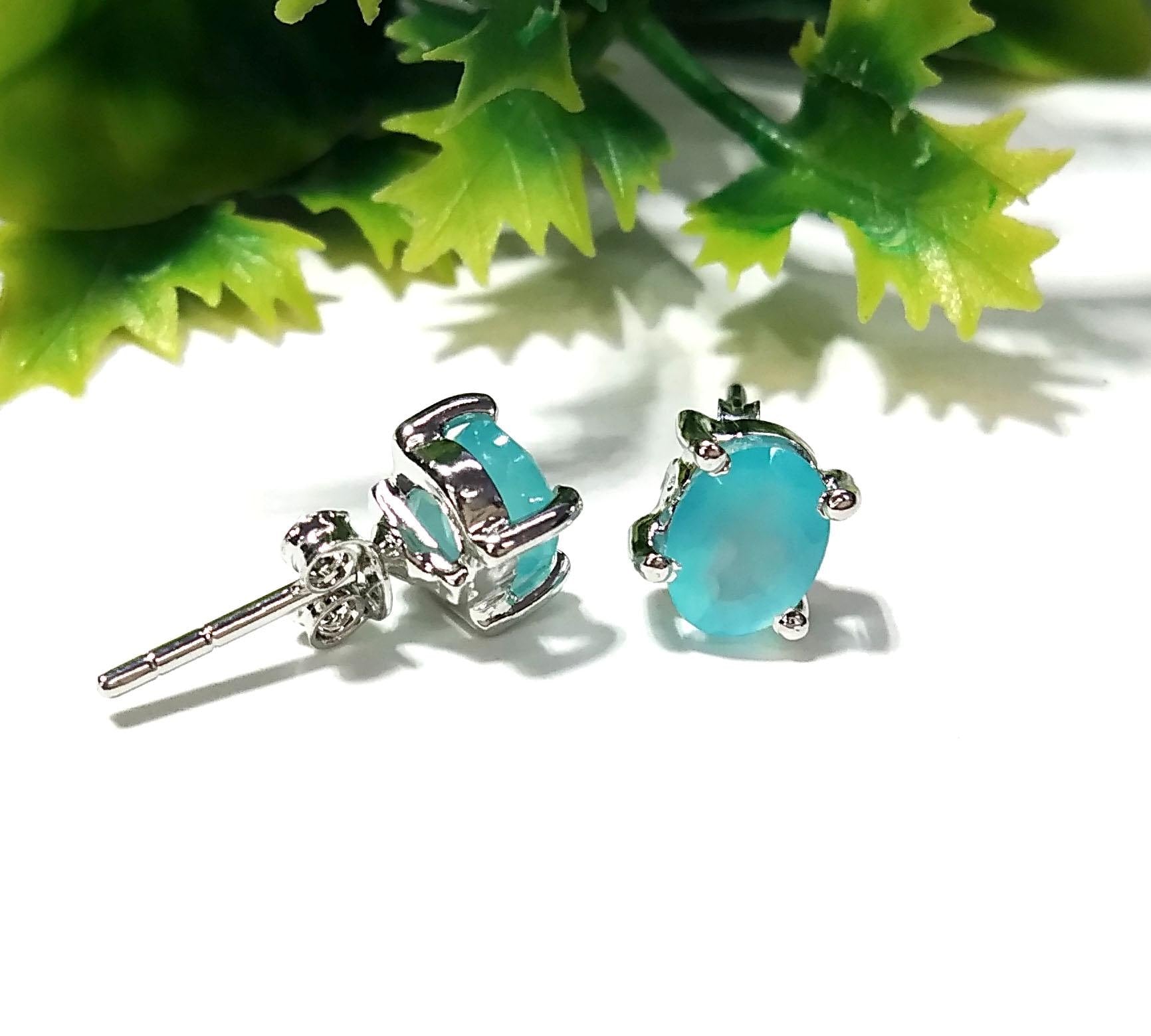 Aqua Chalcedony Stud Earrings, 925 Starling Silver Earring, Natural Aqua Chalcedony Studs Earring, Oval Shape Stone Size 7x5mm Gift For Her